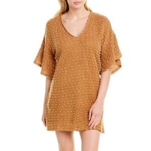 BCBGeneration Caramel Swiss Dot Mini Dress Bell Sleeve V-Neck Acrylic Nylon EUC